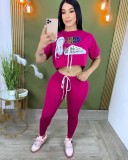 Solid Color Slim Offset Letter Short Sleeve Blouses + Trousers Set
