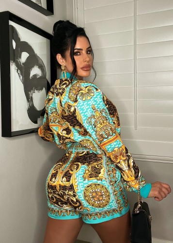 Casual Long Sleeve Print Zipper Two Piece Short Set