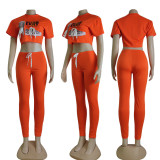 Solid Color Slim Offset Letter Short Sleeve Blouses + Trousers Set