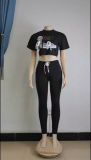 Solid Color Slim Offset Letter Short Sleeve Blouses + Trousers Set