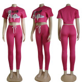 Solid Color Slim Offset Letter Short Sleeve Blouses + Trousers Set