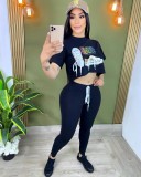 Solid Color Slim Offset Letter Short Sleeve Blouses + Trousers Set