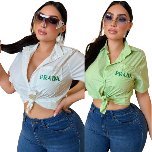 Summer Solid Color Short Sleeve Simple Embroidery Shirt