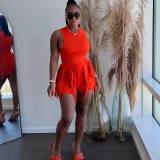 Women's Sleeveless Tank Top Drawstring Fringe Casual Solid Shorts Two Piece Set