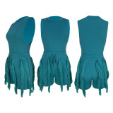 Women's Sleeveless Tank Top Drawstring Fringe Casual Solid Shorts Two Piece Set