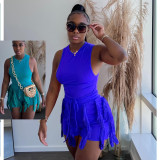 Women's Sleeveless Tank Top Drawstring Fringe Casual Solid Shorts Two Piece Set