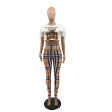 Casual Short Sleeve Printed Yoga Sweatshirt Crop Top & High Waist Trousers