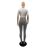 Casual Short Sleeve Printed Yoga Sweatshirt Crop Top & High Waist Trousers