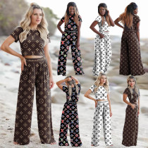 Comfortable Printed Short Sleeve Wide-leg Pants Set