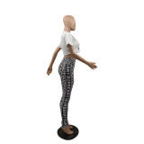 Casual Short Sleeve Printed Yoga Sweatshirt Crop Top & High Waist Trousers