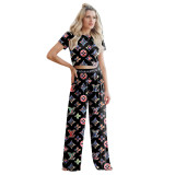 Comfortable Printed Short Sleeve Wide-leg Pants Set