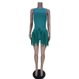 Women's Sleeveless Tank Top Drawstring Fringe Casual Solid Shorts Two Piece Set