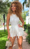 Women's Sleeveless Tank Top Drawstring Fringe Casual Solid Shorts Two Piece Set