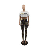 Casual Short Sleeve Printed Yoga Sweatshirt Crop Top & High Waist Trousers