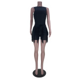 Women's Sleeveless Tank Top Drawstring Fringe Casual Solid Shorts Two Piece Set