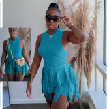 Women's Sleeveless Tank Top Drawstring Fringe Casual Solid Shorts Two Piece Set