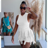 Women's Sleeveless Tank Top Drawstring Fringe Casual Solid Shorts Two Piece Set