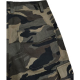 Summer Camouflage Drawstring Multi-pocket Midi Pants without Belt
