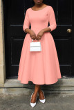 Spring/Summer Solid Color U Neck Swing Dress with Pocket