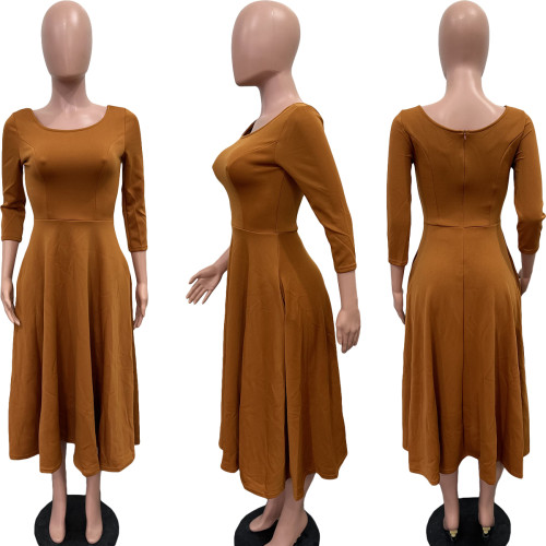 Spring/Summer Solid Color U Neck Swing Dress with Pocket