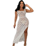 Hand-knitted Casual Hollow Sequined Vest Split Beach Dress