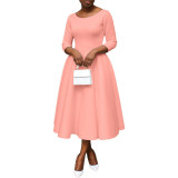 Spring/Summer Solid Color U Neck Swing Dress with Pocket