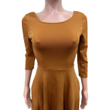 Spring/Summer Solid Color U Neck Swing Dress with Pocket