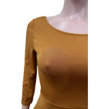 Spring/Summer Solid Color U Neck Swing Dress with Pocket