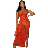 Hand-knitted Casual Hollow Sequined Vest Split Beach Dress