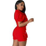 Solid Color Thick Cargo Pocket Short Sleeve Shorts Set