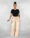 High Elastic Ladies Solid Color High Waist Casual Wide Leg Pants with Loose Pocket