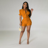 Solid Color Thick Cargo Pocket Short Sleeve Shorts Set