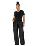 High Elastic Ladies Solid Color High Waist Casual Wide Leg Pants with Loose Pocket