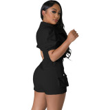 Solid Color Thick Cargo Pocket Short Sleeve Shorts Set
