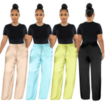 High Elastic Ladies Solid Color High Waist Casual Wide Leg Pants with Loose Pocket
