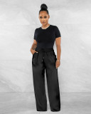 High Elastic Ladies Solid Color High Waist Casual Wide Leg Pants with Loose Pocket