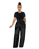 High Elastic Ladies Solid Color High Waist Casual Wide Leg Pants with Loose Pocket