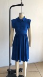 Summer Sleeveless Shirt Collar Shrink Midi Pleated Dresses
