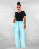 High Elastic Ladies Solid Color High Waist Casual Wide Leg Pants with Loose Pocket
