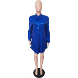 Solid Sequin Loose Turndown Neck Shirt Dress