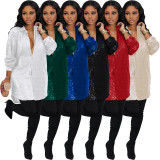 Solid Sequin Loose Turndown Neck Shirt Dress