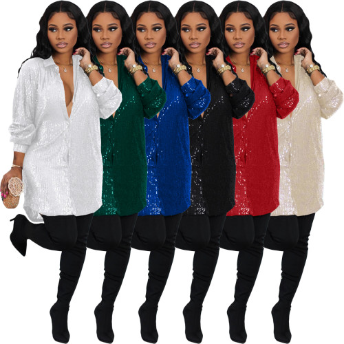 Solid Sequin Loose Turndown Neck Shirt Dress