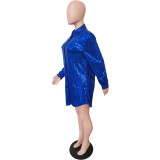 Solid Sequin Loose Turndown Neck Shirt Dress