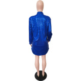Solid Sequin Loose Turndown Neck Shirt Dress