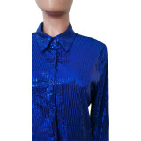 Solid Sequin Loose Turndown Neck Shirt Dress