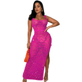 Hand-knitted Casual Hollow Sequined Vest Split Beach Dress