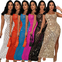 Hand-knitted Casual Hollow Sequined Vest Split Beach Dress