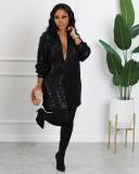 Solid Sequin Loose Turndown Neck Shirt Dress