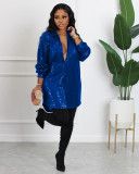 Solid Sequin Loose Turndown Neck Shirt Dress