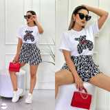 Casual Digital Printed Short lSeeve Shorts Set with Belt
